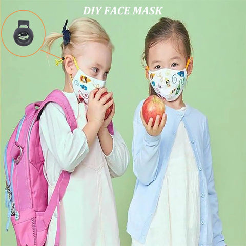 Two children with face masks holding apples, featuring DIY face mask with black plastic toggle stopper in the corner.
