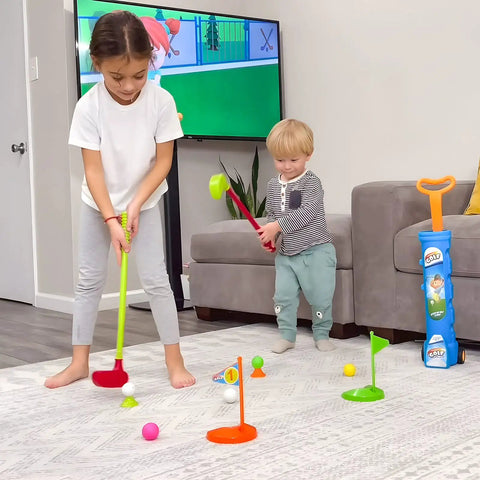 Toddler Golf Club Set With Pull Cart For Little Pros Ages One To Five Includes Super Lightweight Gear And Soft Ball For No Sweat Swinging and active kids playing indoors.