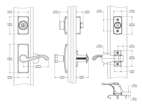 Technical diagram of Storm Door Lever With Keyed Deadbolt Lock In Matte Black 4 Piece Replacement Set for installation dimensions.