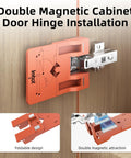 Two In One 35mm Concealed Hinge Jig With Magnetic Positioning Stopper And Gap Adjuster For Cabinets shown on wooden door