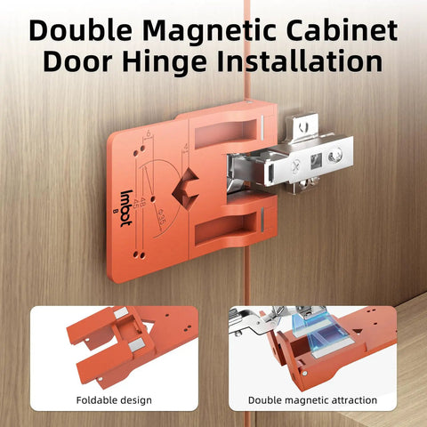 Two In One 35mm Concealed Hinge Jig With Magnetic Positioning Stopper And Gap Adjuster For Cabinets shown on wooden door