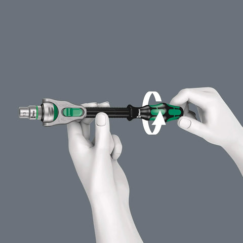 Hands demonstrating using the Zyklop Speed Ratchet Set Three Eighths Drive 29 Piece Metric Tool Kit With 72 Tooth Fine Pitch Pivoting Head In Five Lock Positions Ultra Low Return Angle German Engineering.