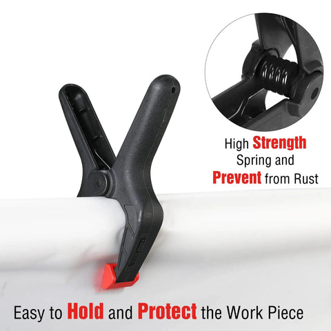 Heavy Duty Nylon Spring Clamp Set, 16 Piece With 6-1/2 Inch, 4-1/2 Inch, And 3-3/8 Inch Clamps, padded jaws holding object