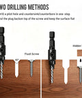 Two drilling methods illustration for No Hassle Countersink Drill Bit Kit For Woodworking Tools With Adjustable Depth Stop And Quick Release Hex Shank.