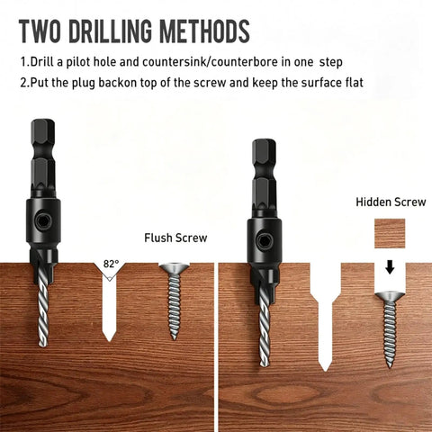Two drilling methods illustration for No Hassle Countersink Drill Bit Kit For Woodworking Tools With Adjustable Depth Stop And Quick Release Hex Shank.