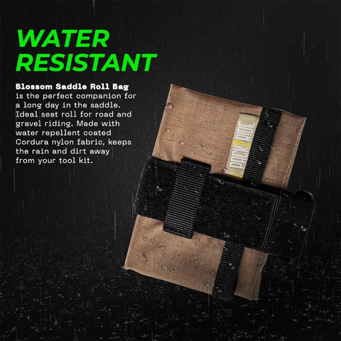Blossom Roll Bike Saddle Bag with three tool pockets, water-resistant Cordura fabric, black Velcro straps displayed horizontally