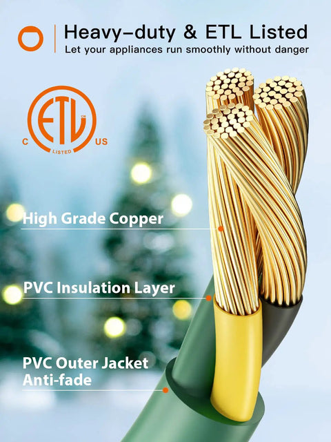 Cross-sectional view of copper wires, PVC insulation and outer jacket from 50Ft Outdoor Extension Cord With 6 Outlets Evenly Spaced Weatherproof 16 Gauge 3 SJTW Power Cable ETL Listed Indoor Outdoor Use With Indicator Lights Great For Christmas Lights Halloween Decor Landscaping And More.