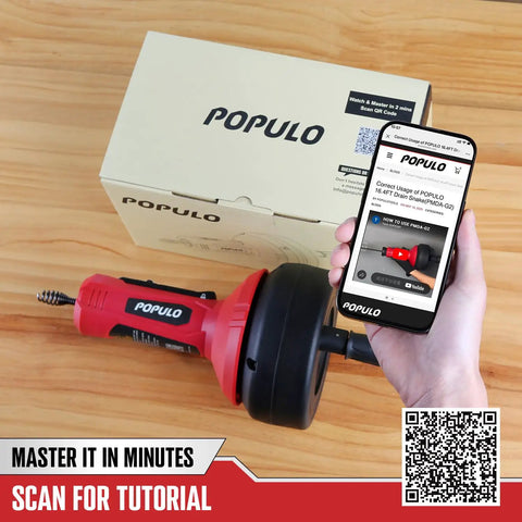 Easy Draining With This Heavy Duty Drain Auger Snake And Glove Set shown with packaging and mobile tutorial on a smartphone.