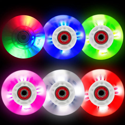 Glow In The Dark Inline Skate Wheels 76mm And 80mm With ABEC 9 Bearings For Indoor And Outdoor Use 4 Pack In Blue Display