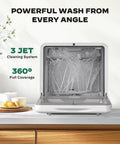 Plug And Play Portable Countertop Dishwasher With Zero Plumbing Hookup Five Liter Tank showing three jet cleaning system and water coverage.