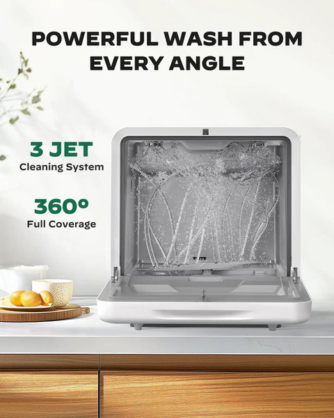 Plug And Play Portable Countertop Dishwasher With Zero Plumbing Hookup Five Liter Tank showing three jet cleaning system and water coverage.