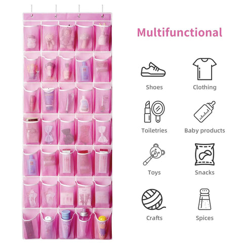 Pink Over The Door Shoe Organizer With 35 Pockets For Maximum Storage, Fits Up To Size 13 Men, Holds 17 Pairs Of Shoes, Hanging Door Organizer With 4 Metal Hooks, Easy Family Shoe Organization And Durable Practical Design