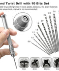 Hand twist drill with 10 bits, showing size and grip details