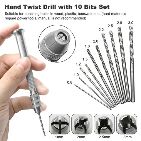 Hand twist drill with 10 bits, showing size and grip details