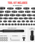 Image showing Heavy Duty 52 Piece Bushing Driver Set For Transmission Bearing Race Seals And Axle Installations with discs and tools.