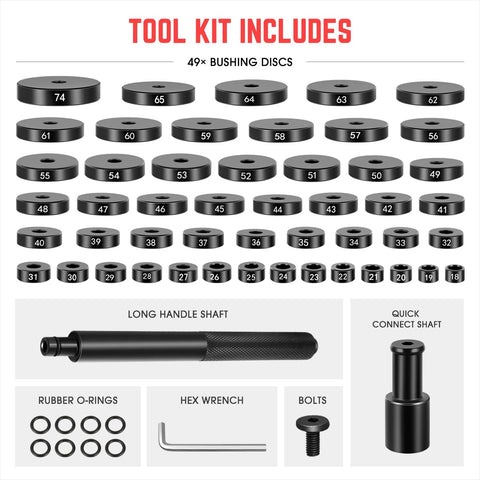 Image showing Heavy Duty 52 Piece Bushing Driver Set For Transmission Bearing Race Seals And Axle Installations with discs and tools.
