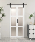32 By 84 Inches Sliding Bifold Barn Door With Clear Glass Top Shelf Space Saving Interior Panel For Tight Spaces Bedroom Pantry Laundry Smooth Operator in modern interior.