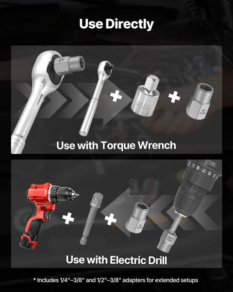 16-Piece Bolt Extractor Kit with adapters used with torque wrench and electric drill for rusted bolts and screws removal
