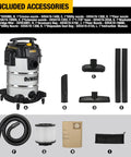 Heavy Duty 8 Gallon Wet Dry Shop Vacuum Featuring A Legit Powerhouse 5 Peak Horsepower Motor And Rear Blower Port for included accessories.