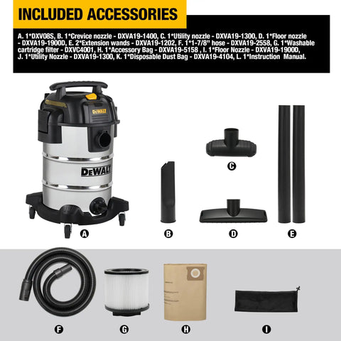 Heavy Duty 8 Gallon Wet Dry Shop Vacuum Featuring A Legit Powerhouse 5 Peak Horsepower Motor And Rear Blower Port for included accessories.