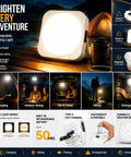Magnetic Tent Light With 2000mAh Battery, LED Camping Lantern for all uses, showing brightness, uses, and features in various settings.