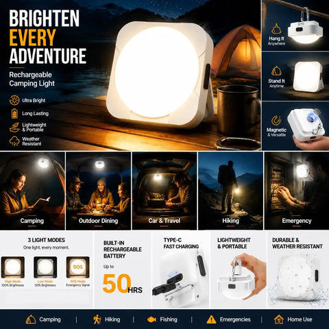 Magnetic Tent Light With 2000mAh Battery, LED Camping Lantern for all uses, showing brightness, uses, and features in various settings.