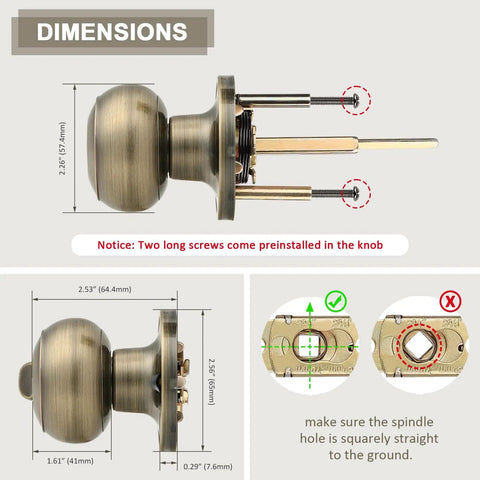 Dimensions of Privacy Door Knob Lock Set For Interior Bedroom And Bathroom Doors Keyless Turn Button Privacy Round Ball Handle In Antique Brass Stainless Steel Durability 5 Pack