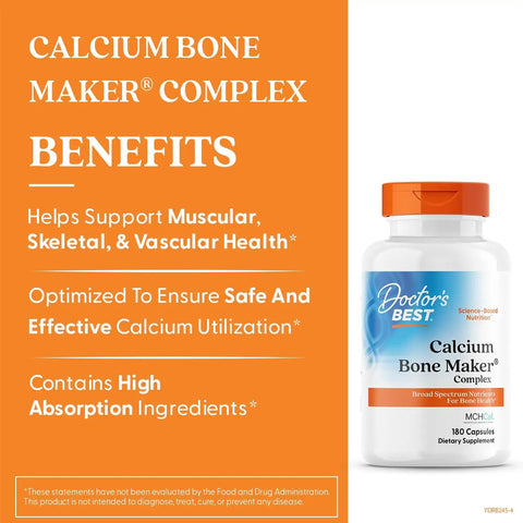 Calcium Complex Bone Health Boost For Strong Bones And Muscle Support With Vitamin C D3 K2 Magnesium Zinc Potassium Phosphorus bottle, 180 capsules, non-GMO.
