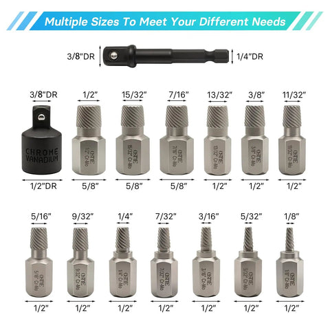 15 Piece Screw Extractor Set for Stripped Bolts and Screws, Easy Out Bolt Extractor Kit, Chrome Molybdenum Steel, size range shown