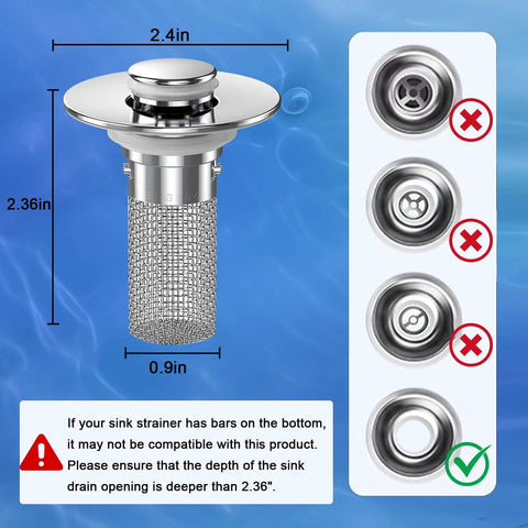 Chrome pop-up sink stopper with removable stainless steel mesh hair catcher; 2-pack.
