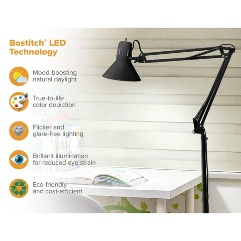 72 Inch Tall Swing Arm Floor Lamp For Office And Lounge Spaces With Multi Joint Adjustment All Metal Construction Weighted Base Black Finish Flicker Free LED Light Includes Replaceable LED Bulb Ideal Desk And Workspace