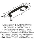 Diagram of Kane Black Bronze Cabinet Pull Transitional Style Drawer Handle for Cabinets and Furniture with dimensions