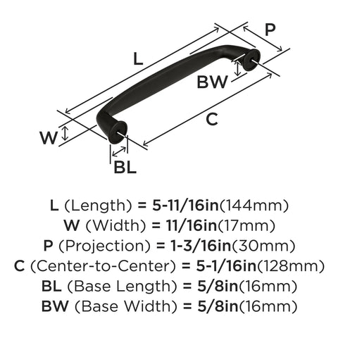 Diagram of Kane Black Bronze Cabinet Pull Transitional Style Drawer Handle for Cabinets and Furniture with dimensions