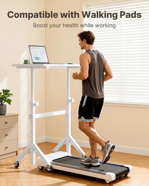 Top Shelf Rolling Sit Stand Desk With Six Height Settings And Secure Lockable Casters crafted for taller buyers, shown in home office with walking pad.