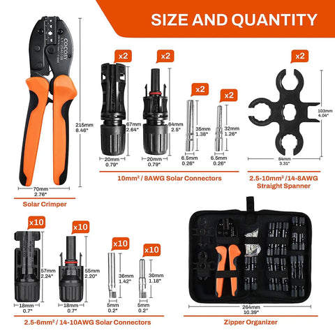 Pro Grade Solar Crimp Tool Kit With Ratcheting Pliers For AWG 8 To 12 Cable, 23 Piece Set with connectors, spanner, and bag.