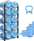 Heavy Duty 5 Gallon Water Jug Rack No Nonsense Detachable 5 Tier Double Row Stand That Holds 10 Bottles For Office Kitchen Garage Restaurant And Gym Durable Cast Iron Water Bottle Holder with blue water jugs.
