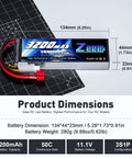 3S 11.1V 3200mAh 50C RC Lipo Battery Pack With Soft Case And T Connector For RC Planes Helis Cars Trucks Boats UAV Drones FPV 2 Pack Great For Quick Replacements, showing dimensions and features on mat
