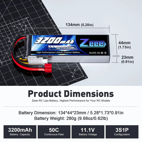 3S 11.1V 3200mAh 50C RC Lipo Battery Pack With Soft Case And T Connector For RC Planes Helis Cars Trucks Boats UAV Drones FPV 2 Pack Great For Quick Replacements, showing dimensions and features on mat