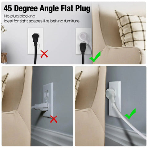 Long Reach 12 Foot Surge Protector Power Strip With Eight Outlets, low profile flat plug behind furniture, ideal for tight spaces.