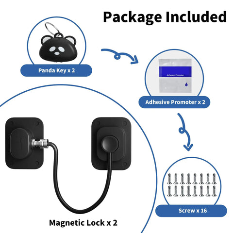 Two Pack Magnetic Cabinet Lock With Panda Key For Childproof Fridge And Cabinets, Easy No Drill Installation package contents