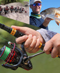 Red 7000 Spinning Fishing Reel With Ultra Smooth Action 12 Ball Bearings mounted on a fishing rod, close-up view.