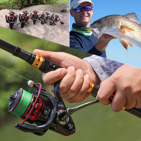 Red 7000 Spinning Fishing Reel With Ultra Smooth Action 12 Ball Bearings mounted on a fishing rod, close-up view.