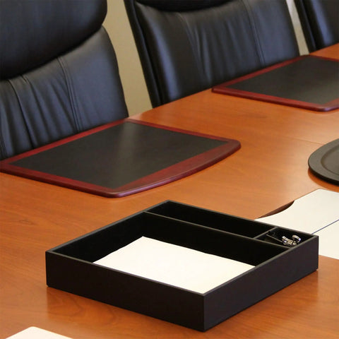 Classic Black Leather Conference Room Organizer Tray for Executive Desks and Boardrooms on a wooden table