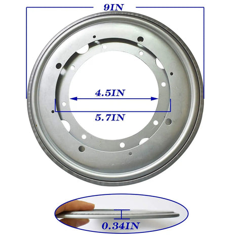 Built Tough Nine Inch Lazy Susan Hardware Kit With Square Rotating Bearing Plate and Smooth Operator 360 Degree Swivel Turntable Base, 9" diameter, galvanized steel.