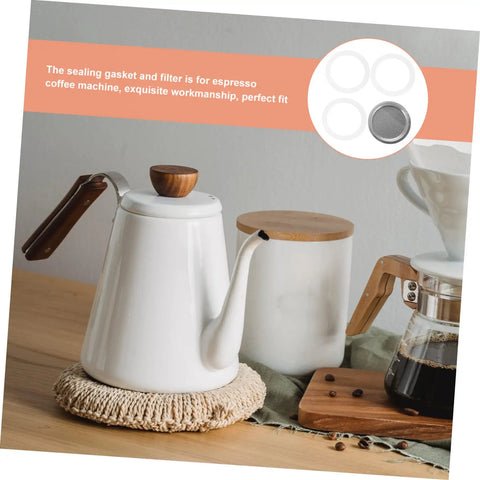 Espresso Maker Replacement Gaskets And Silicone Sealing Rings One Set For Coffee Pot Accessories Pro shown with kettle and mugs