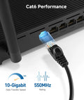 10Gbps Snagless Cat6 Ethernet Cable 25ft connected to router, showcasing performance rating of 550MHz for fast home networking.