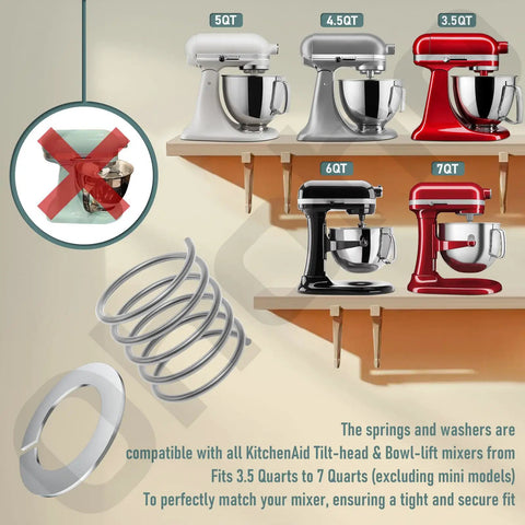 Two Pack 304 Stainless Steel Spring And Washer Replacement Kit For 3.5 To 7 Quart Tilt Head And Bowl Lift Mixers with mixer sizes.