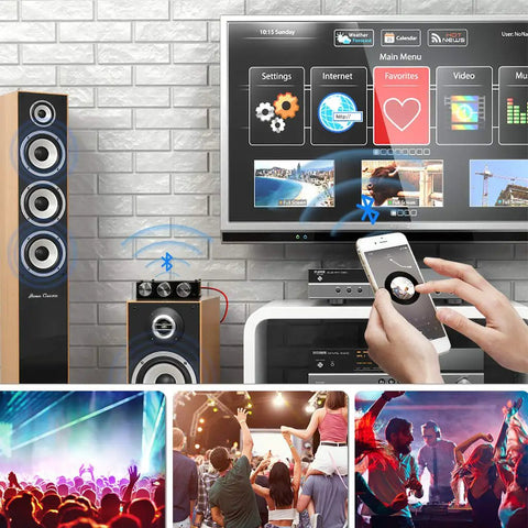 Home audio setup with 2 Channel Bluetooth Five Zero HiFi Amplifier Board With 100W And 100W Output, smartphone, and speakers.