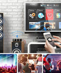 Beefy Bluetooth Five Point Zero Stereo Amplifier Board With Two Channel 100 Watts Per Channel 200 Watts Total Treble And Bass Control AUX Input And App Control For Home Speaker Setup displayed beside a speaker and TV.