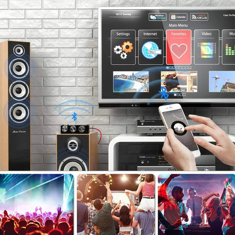 Beefy Bluetooth Five Point Zero Stereo Amplifier Board With Two Channel 100 Watts Per Channel 200 Watts Total Treble And Bass Control AUX Input And App Control For Home Speaker Setup displayed beside a speaker and TV.